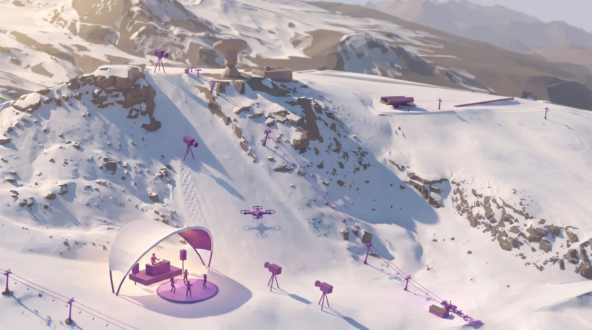 Broadcast camera plan showing camera positions, drone coverage and stage setup across the Sierra Nevada moguls course